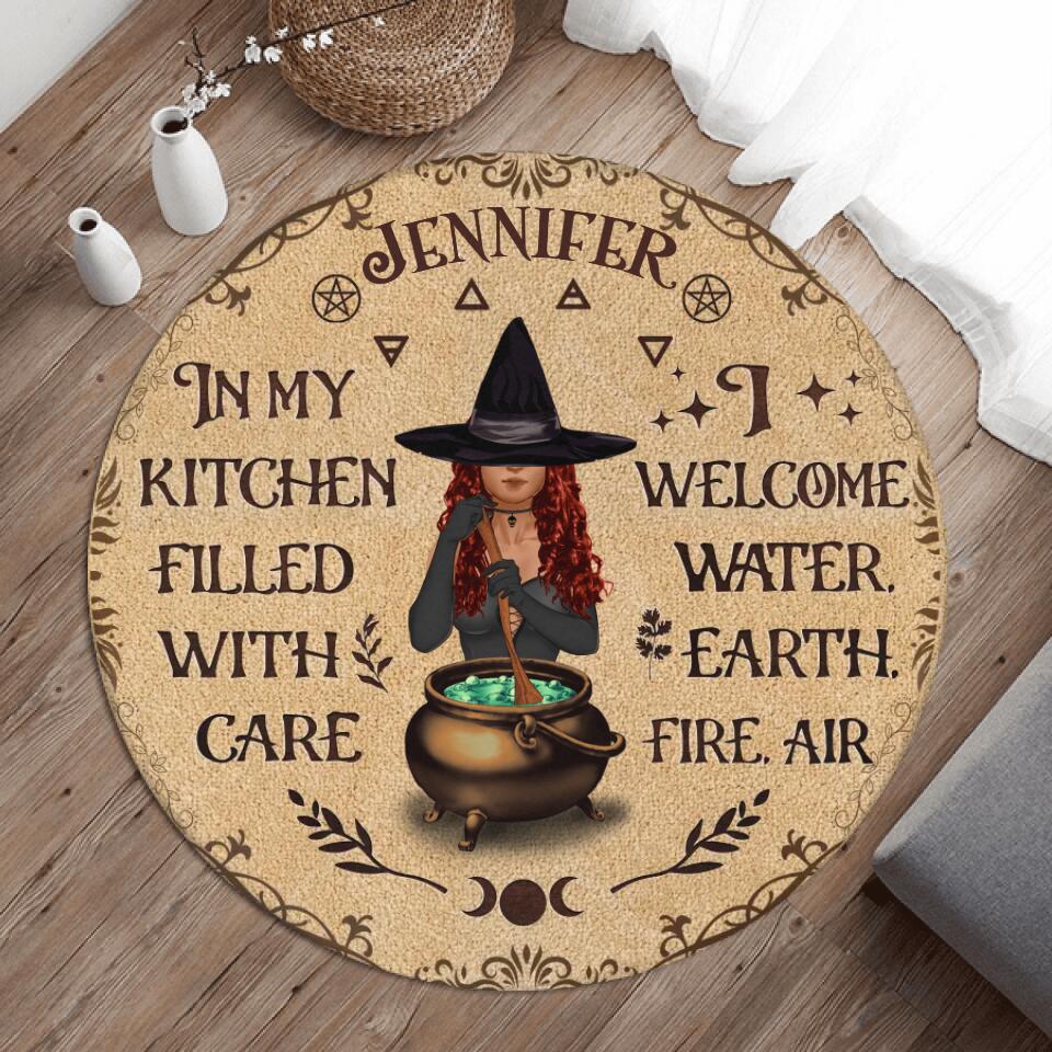 Personalized Witch Foldable Round Rug - Gift Idea For Halloween - In My Kitchen Filled With Care I Welcome Water, Earth, Fire, Air - Proven Kitchen